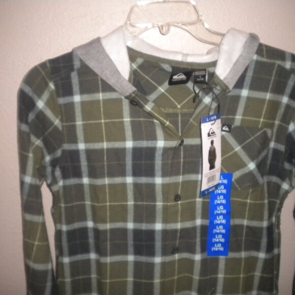 Quiksilver Boys Size Large 14/16 Green Four Leaf Hooded Flannel Shirt SHacket - Picture 3 of 5